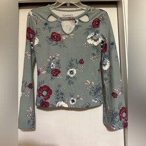 Mudd Floral Cutout Long Sleeve Top - Green and Red